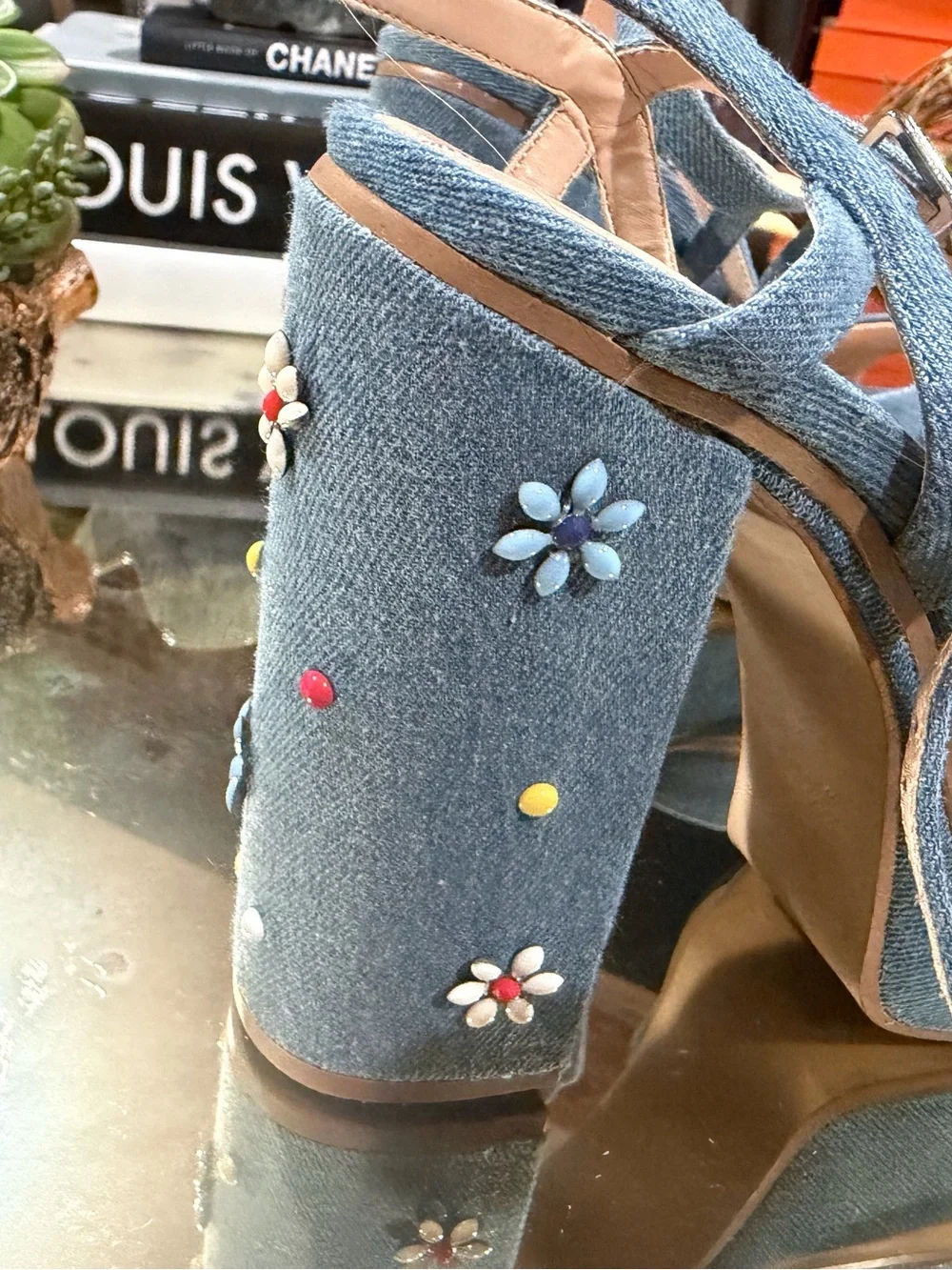 Zara Embellished Blue Denim Slingback platform Sandals size 40 - Picture 3 of 8